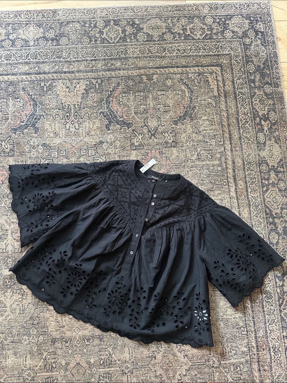 NWT Madewell Black Embroidered Shirred Henley blouse top size medium 100% cotton